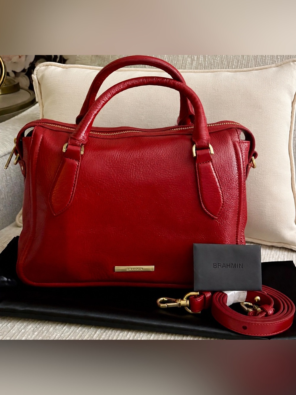 Brahmin Micaela Satchel Radiant Red Leather Top Handle Crossbody Bag